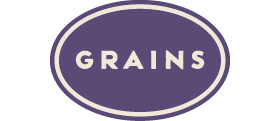 Grains category logo: The word GRAINS, centered in a deep purple oval with a thin, inset cream colored border.