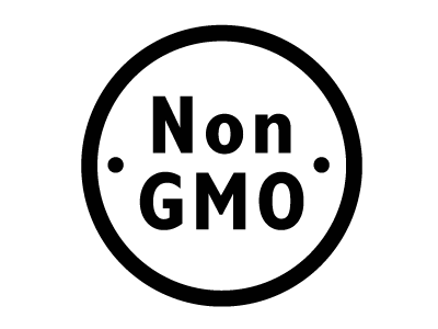 Non-GMO logo: A black and white circle containing the words Non GMO, bordered to the right and left with a single dot.
