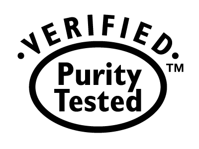 Verified Purity Tested logo: The words VERIFIED TM arched over a black and white oval containing the words Purity Tested.