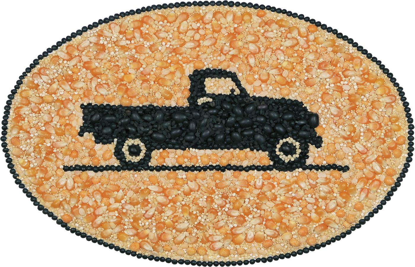 A mosaic image of a vintage black truck centered in an oval - the mosaic is comprised of Edison Grainery organic ingredients. 