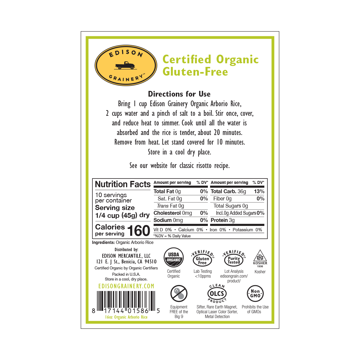 Organic, GlutenFree Arborio Rice Edison Grainery