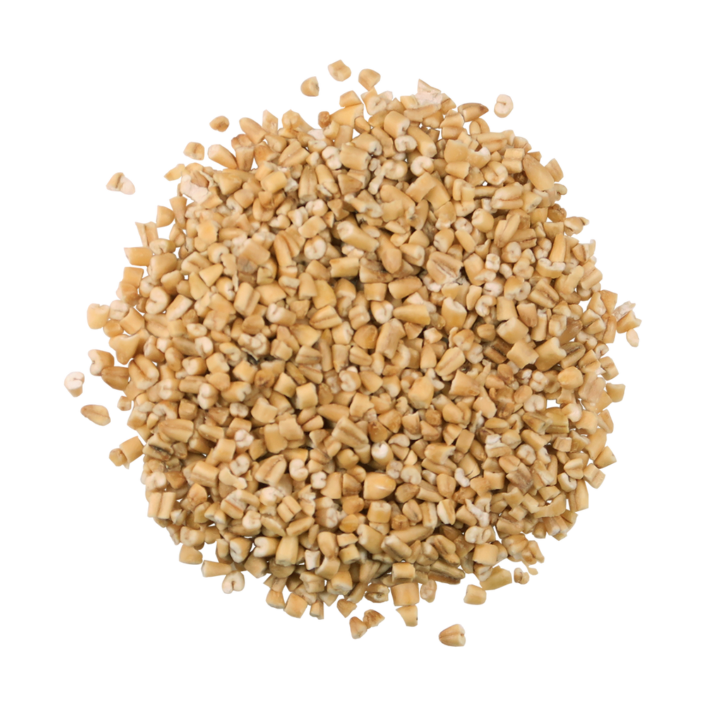 A top-down image of a small pile of Organic Steel Cut Oats.