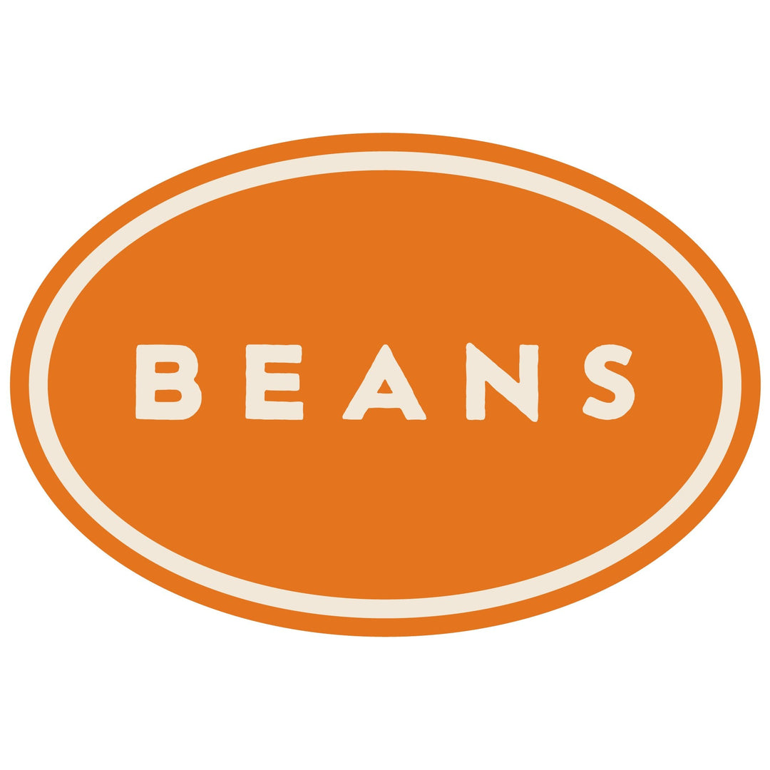The word BEANS, centered in an orange oval with a thin, inset cream colored border.
