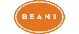 Beans category logo: The word BEANS, centered in an orange oval with a thin, inset cream colored border.