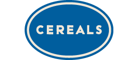 Cereals category logo: The word CEREALS, centered in a royal blue oval with a thin, inset cream colored border.
