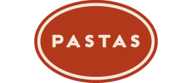 Pastas category logo: The word PASTAS, centered in a crimson red oval with a thin, inset cream colored border.