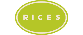 Rices category logo: The word RICES, centered in a lime-green oval with a thin, inset cream colored border.