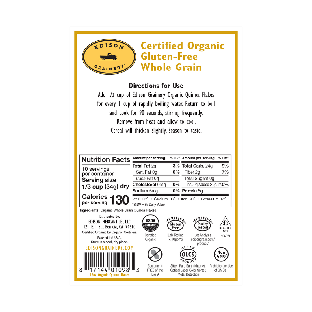 A portrait-oriented rectangular product label with a golden-yellow border,  detailing nutrition information, directions for use, etc.