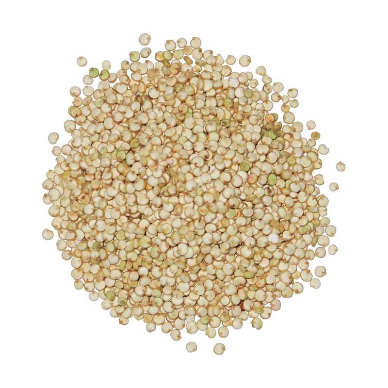 A top-down photo of a small pile of Organic Golden Quinoa.