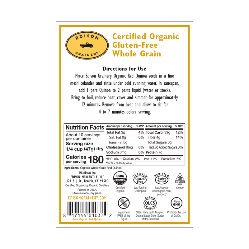 A portrait-oriented rectangular product label with a golden yellow border,  detailing nutrition information, directions for use, etc.