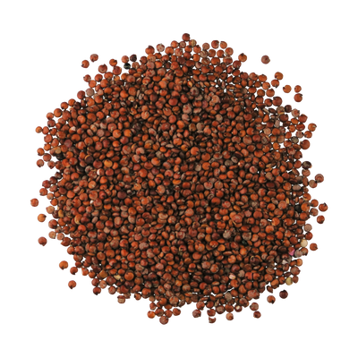 A top-down photo of a small pile of Organic Red Quinoa.