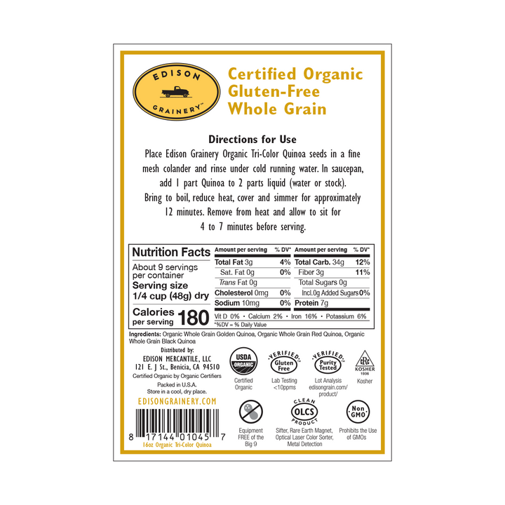 A portrait-oriented rectangular product label with a golden yellow border, detailing nutrition information, directions for use, etc.