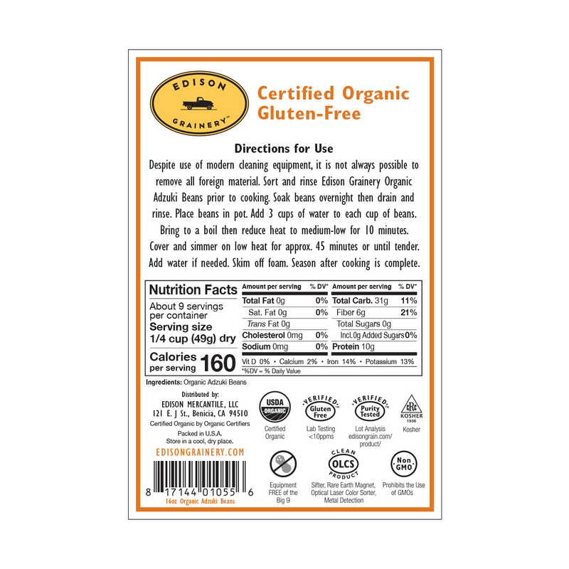 A portrait-oriented rectangular product label with an orange border,  detailing nutrition information, directions for use, etc.