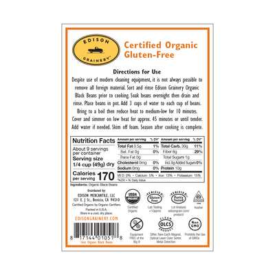 A 16 oz bag of Organic Adzuki Beans standing upright in a bio-degradable bag. An orange oval label, bearing the product name sits above an oval viewing window revealing the product.