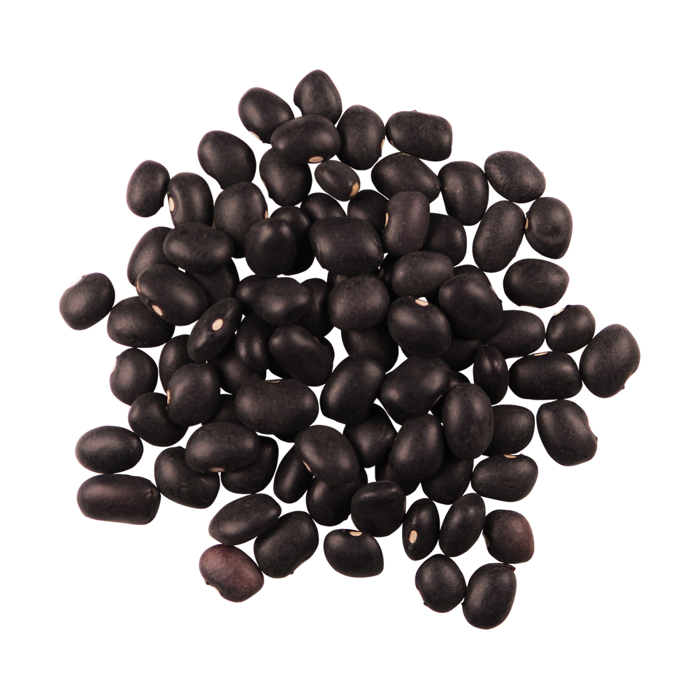 A top-down photo of a small pile of Organic Black Beans.