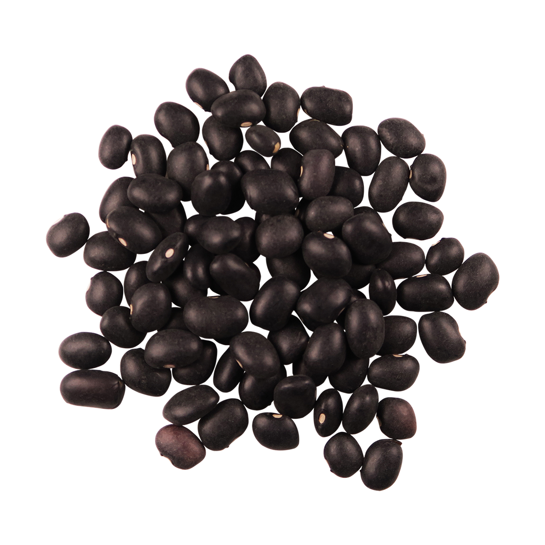 A top-down photo of a small pile of Organic Black Beans.