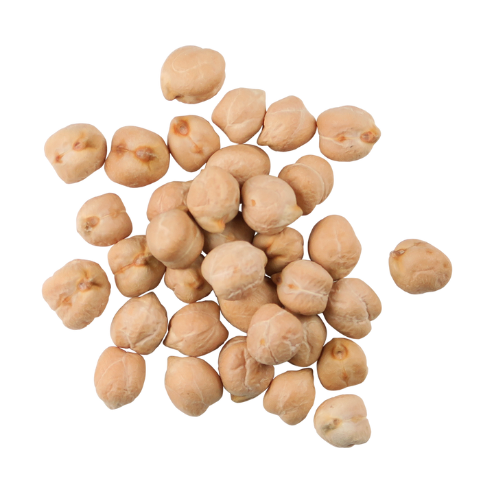 A top-down photo of a small pile of Organic Garbanzo Beans.