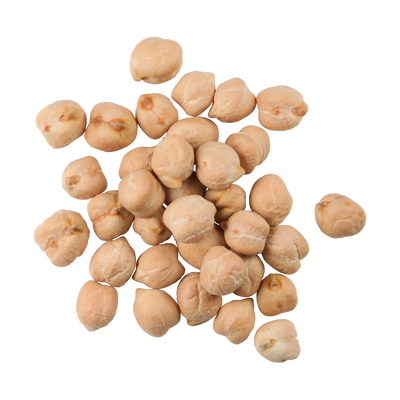 A top-down photo of a small pile of Organic Garbanzo Beans.