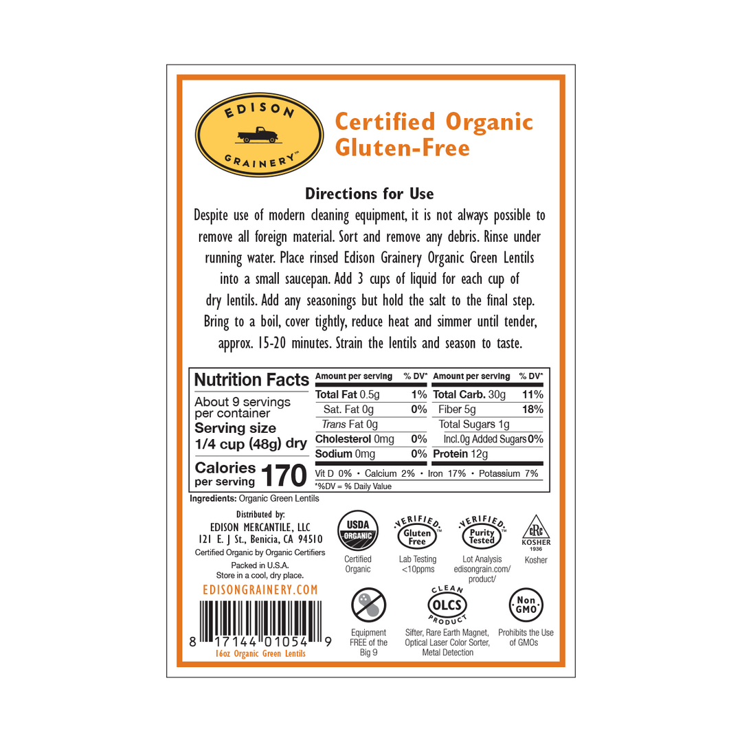A portrait-oriented rectangular product label with an orange border,  detailing nutrition information, directions for use, etc.