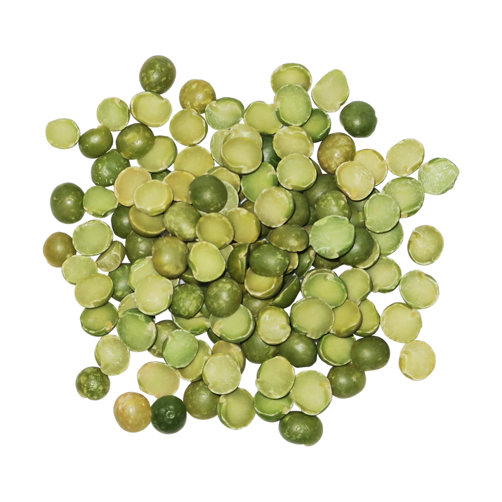 A top-down photo of a small pile of Organic Green Split Peas.