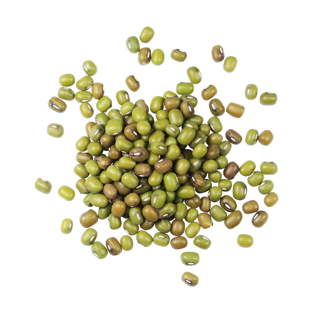 A top-down photo of a small pile of Organic Mung Beans.