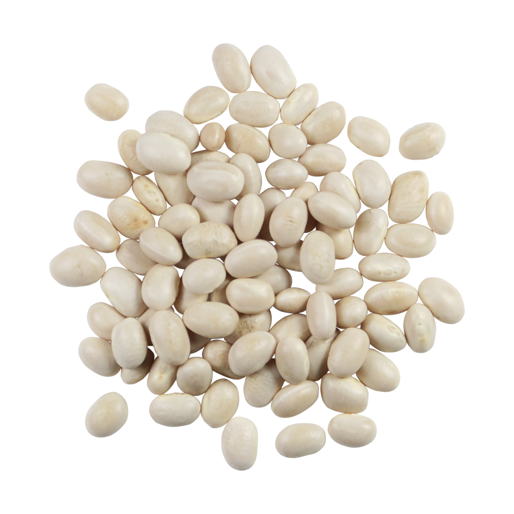 A top-down photo of a small pile of Organic Navy Beans.