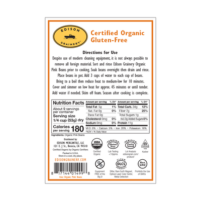 A portrait-oriented rectangular product label with an orange border,  detailing nutrition information, directions for use, etc.