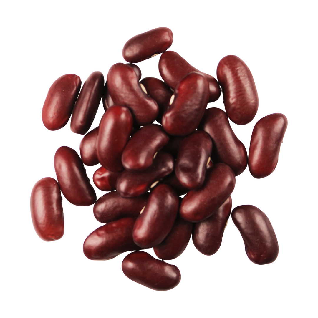 A top-down photo of a small pile of Organic Dark Red Kidney Beans.