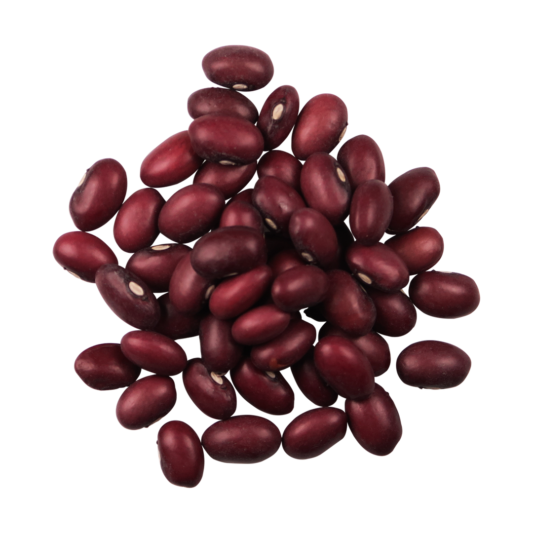 A top-down photo of a small pile of Organic Small Red Beans.