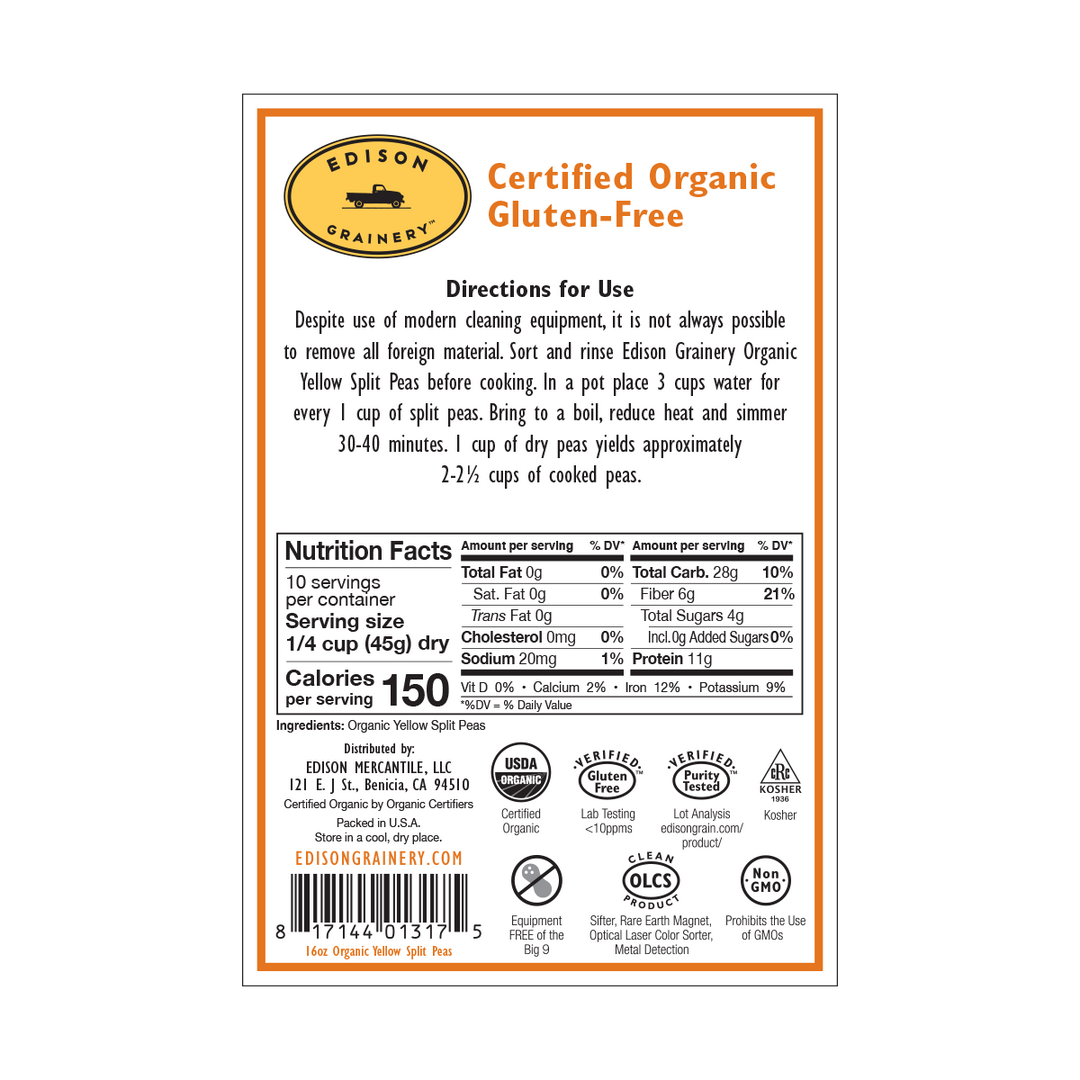 A portrait-oriented rectangular product label with an orange border, detailing nutrition information, directions for use, etc.
