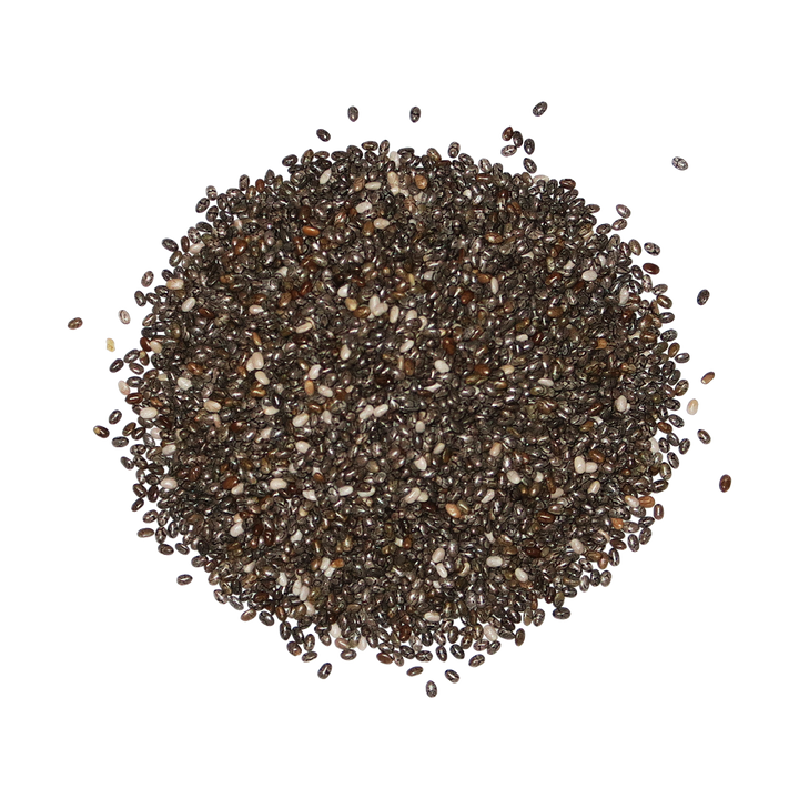 A top-down image of a small pile of Organic Black Chia Seeds.