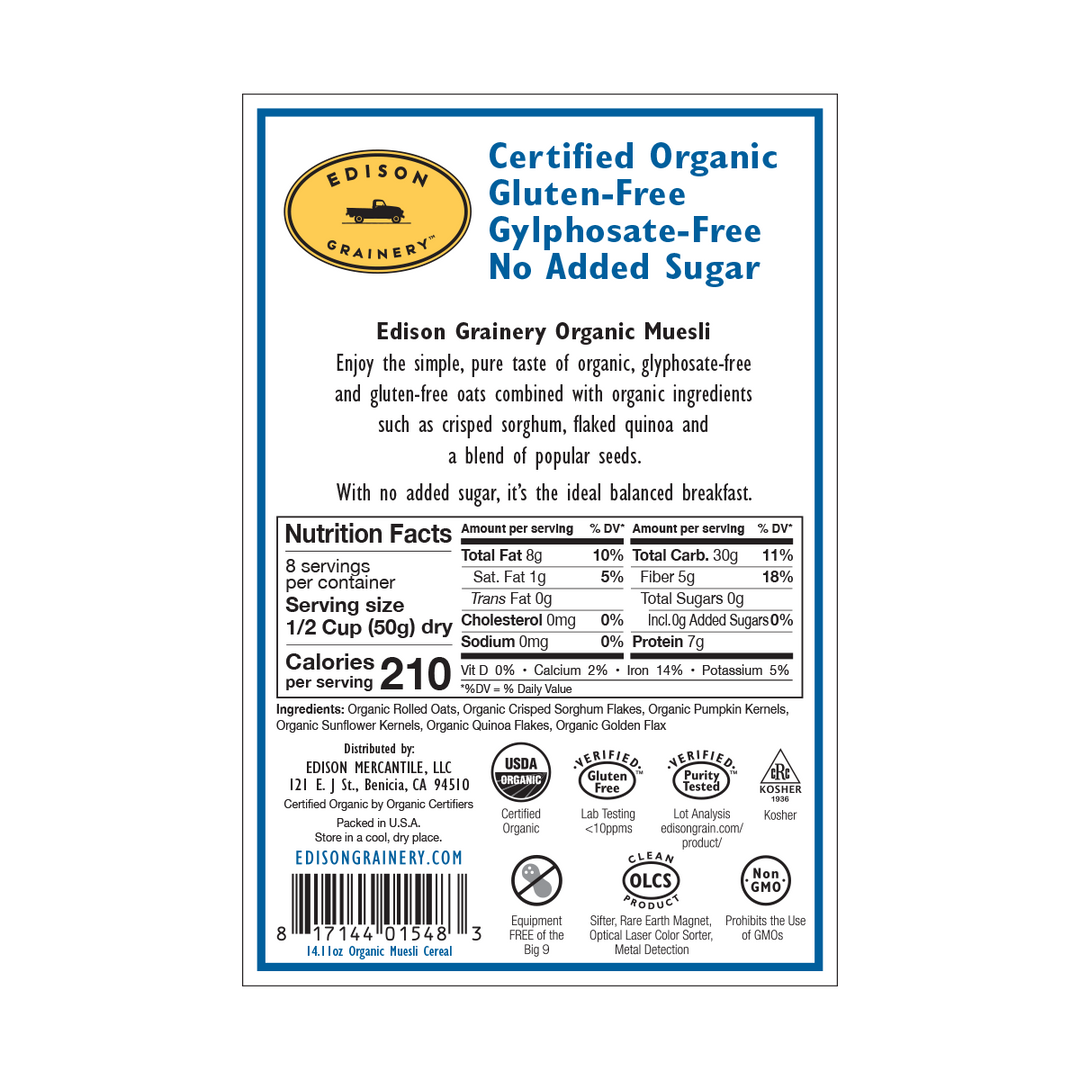 A portrait-oriented rectangular product label with a royal blue border,  detailing nutrition information, directions for use, etc.