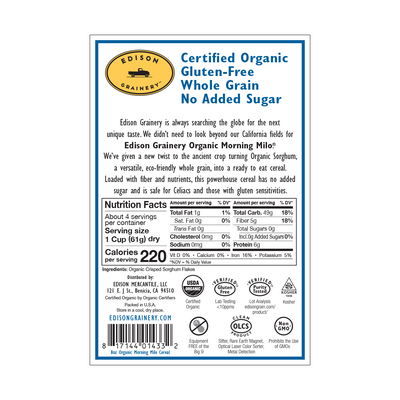 A portrait-oriented rectangular product label with a royal blue border,  detailing nutrition information, directions for use, etc.