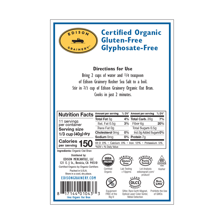 A portrait-oriented rectangular product label with a royal blue border,  detailing nutrition information, directions for use, etc.