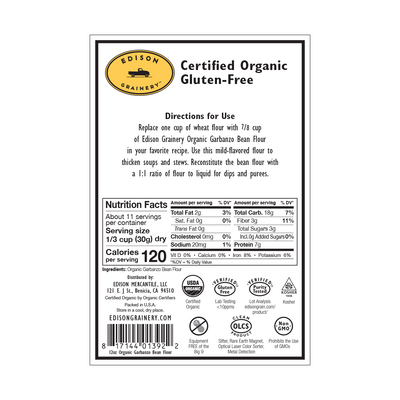 A portrait-oriented rectangular product label with a black border, detailing nutrition information, directions for use, etc.