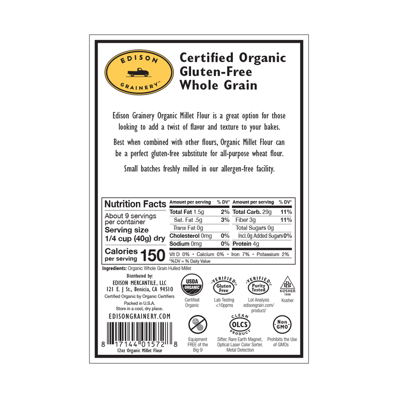 A portrait-oriented rectangular product label with a black border, detailing nutrition information, directions for use, etc.