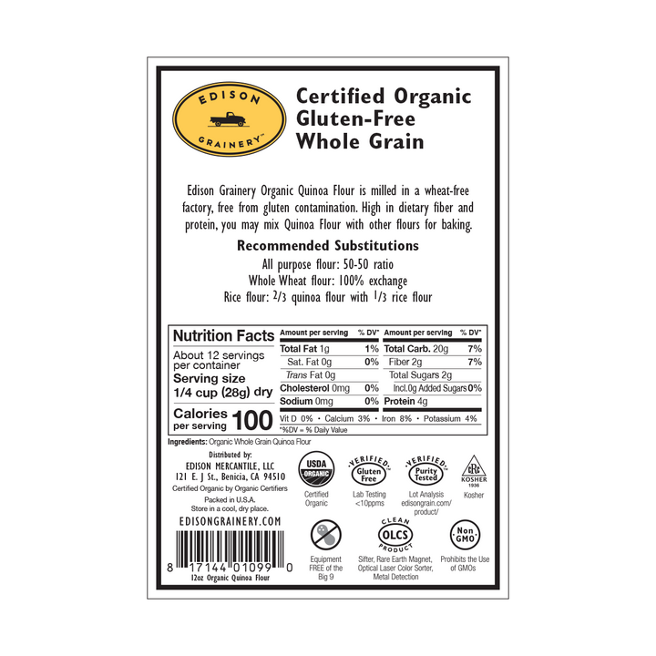 A portrait-oriented rectangular product label with a black border, detailing nutrition information, directions for use, etc.