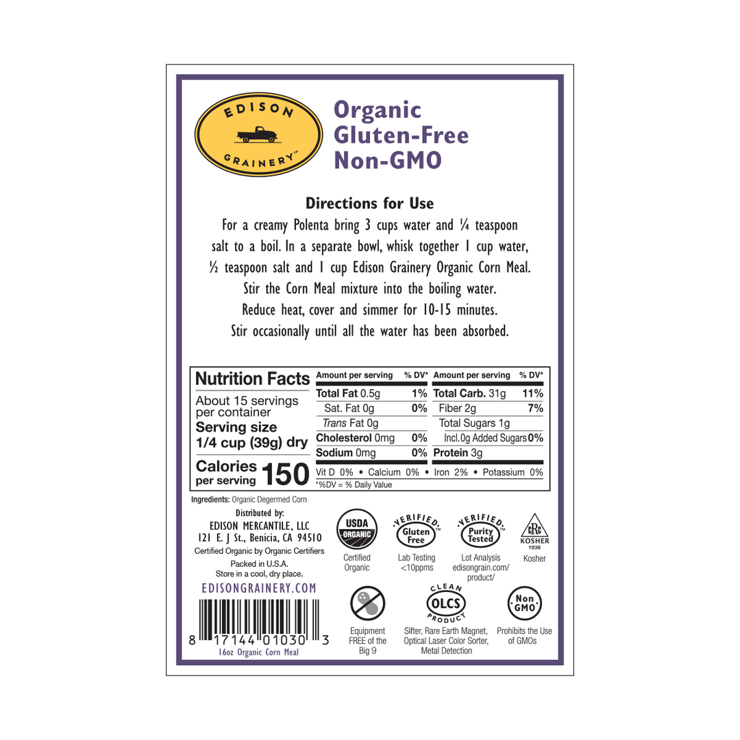A portrait-oriented rectangular product label with a deep purple border,  detailing nutrition information, directions for use, etc.