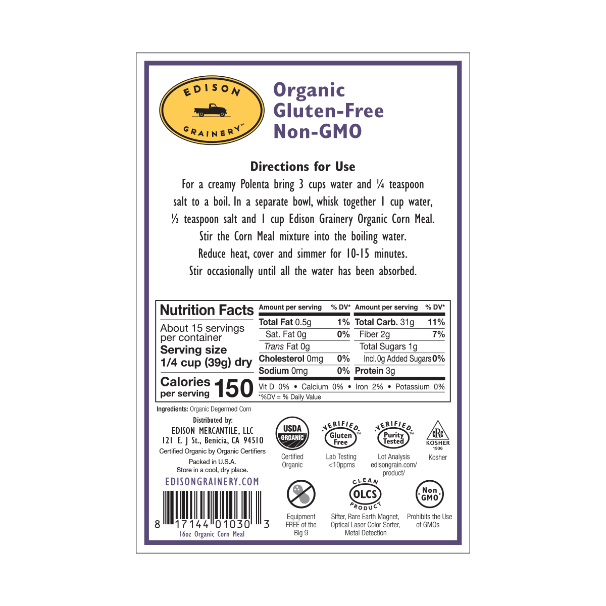 Corn Meal Organic Gluten Free Edison Grainery