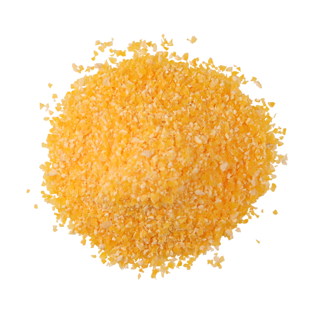 A top-down image of a small pile of Organic Corn Meal.