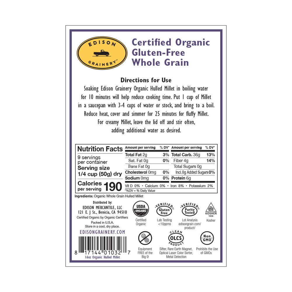 A portrait-oriented rectangular product label with a deep purple border,  detailing nutrition information, directions for use, etc.
