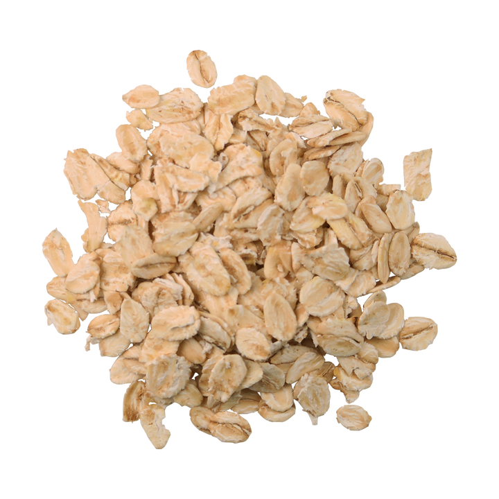 A top-down image of a small pile of Organic Regular Rolled Oats.