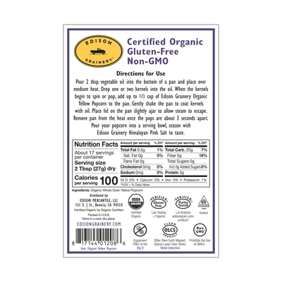 A portrait-oriented rectangular product label with a deep purple border,  detailing nutrition information, directions for use, etc.