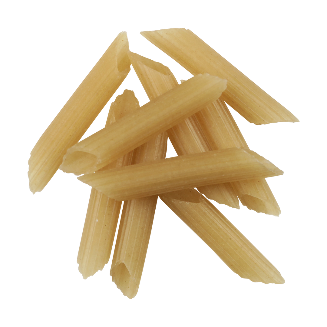 A Top-down photograph of a small pile of Organic Quinoa Pasta: Penne