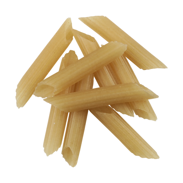 A Top-down photograph of a small pile of Organic Quinoa Pasta: Penne
