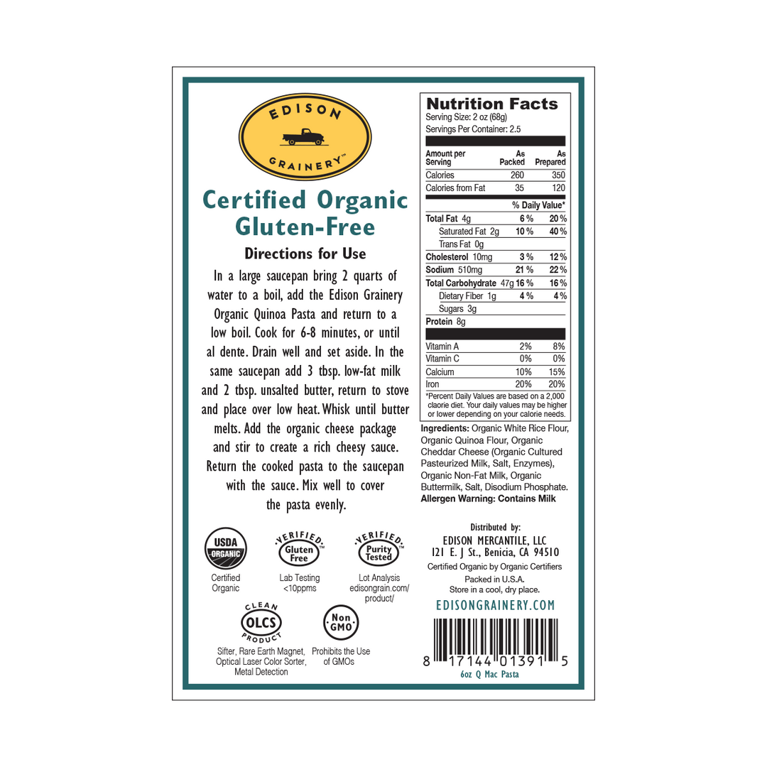 A portrait-oriented rectangular product label with a teal border, detailing nutrition information, directions for use, etc.