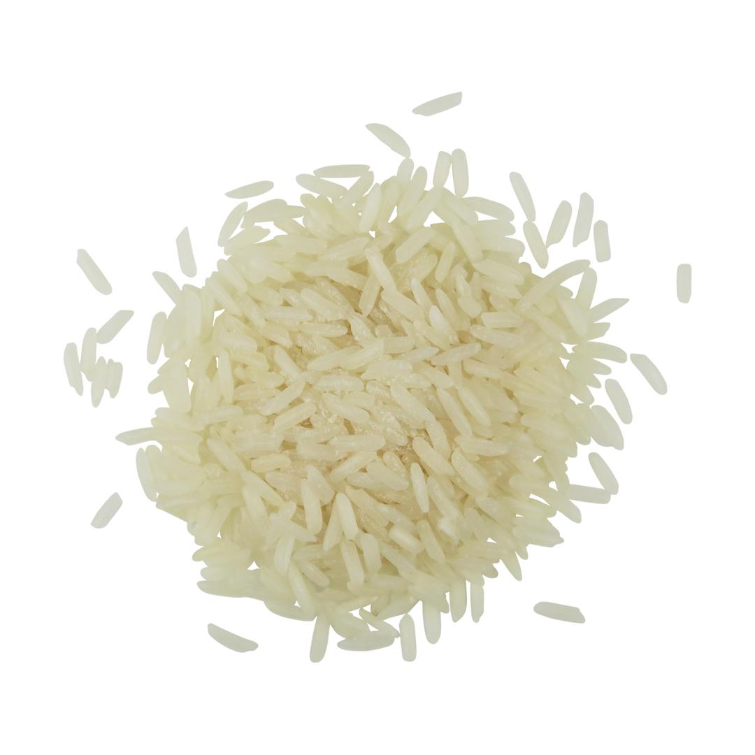 A top-down image of a small pile of Organic White Jasmine Rice.
