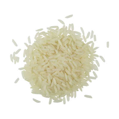 A top-down image of a small pile of Organic White Jasmine Rice.