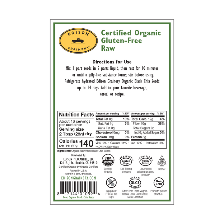 A portrait-oriented rectangular product label with a forest green border, detailing nutrition information, directions for use, etc.