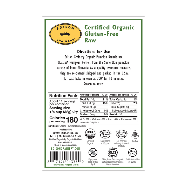 A portrait-oriented rectangular product label with a forest green border, detailing nutrition information, directions for use, etc.